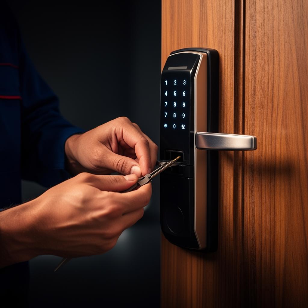 Especialista Fechadurassorocaba instalando fechadura digital em porta de madeira